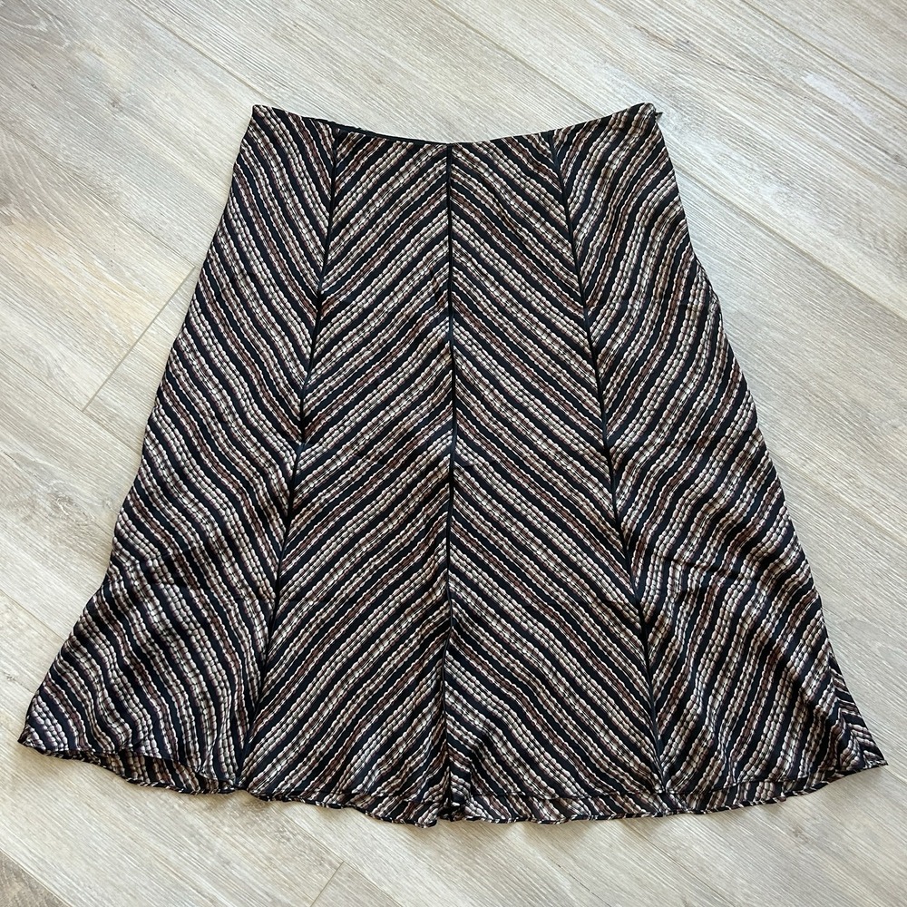 Alfani 100% Silk Size 10 A-Line Panel Midi Skirt Brown And Black Herringbone